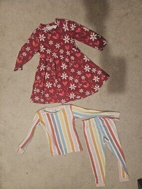 Girls Rainbow Stripe Pajama Set + Red Floral Twrill Dress Monica + Andy 5T